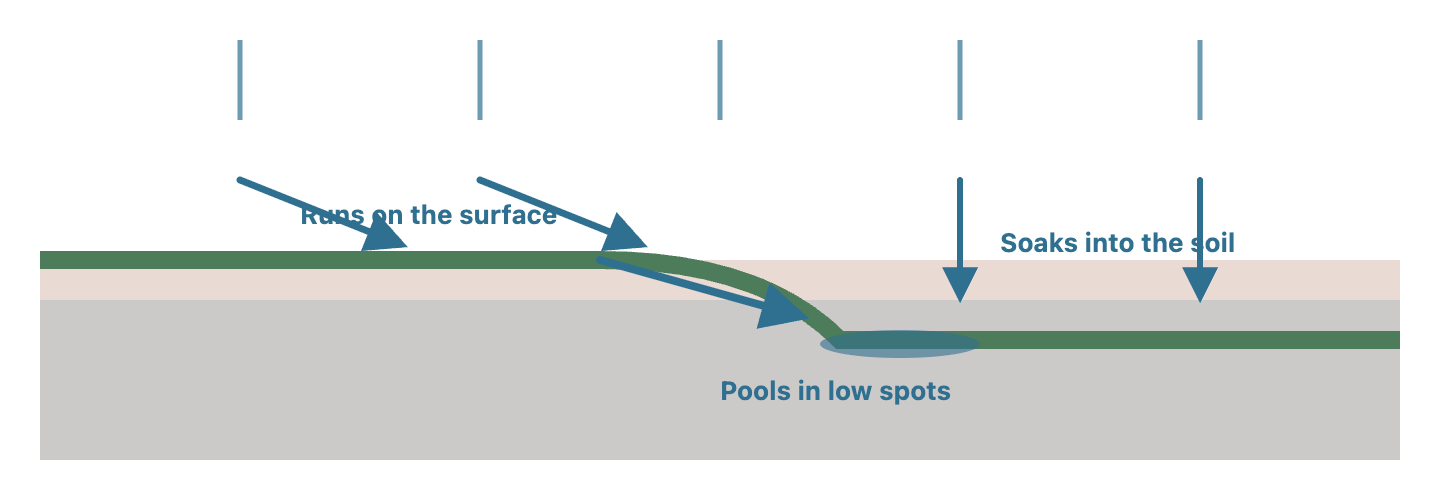 Rain falling on ground. Some water runs along the surface into a low spot; some soaks down into the soil and saturates it. Arrows show both paths.