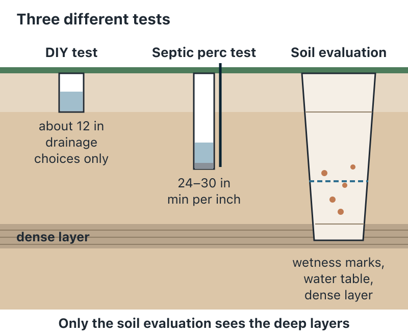 Cross-section of soil with three holes. On the left, a shallow DIY drainage test hole about 12 inches deep, used only for yard drainage choices. In the middle, a septic perc test hole 24 to 30 inches deep with gravel at the bottom, water in it and a measuring stick, timed in minutes per inch. On the right, a wide soil evaluation pit about five feet deep that cuts through the soil layers, shows reddish wetness marks and a water table line, and reaches a dense layer that runs under all three holes.
