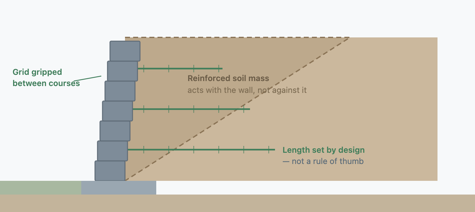 A retaining wall in section with three horizontal geogrid layers extending from between the block courses back into the retained soil. A dashed outline marks the wedge of soil that the grid ties to the wall. Each grid layer is shown gripped between two courses at the wall face.