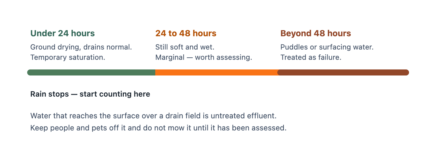 A timeline from the moment rain stops. Within 24 hours, ground drying and drains returning to normal indicates temporary saturation in a working system. Between 24 and 48 hours, lingering soft wet ground means the field is marginal and worth having assessed. Beyond 48 hours, standing water or puddles over the field means it is surfacing, which is treated as failure and a health hazard.