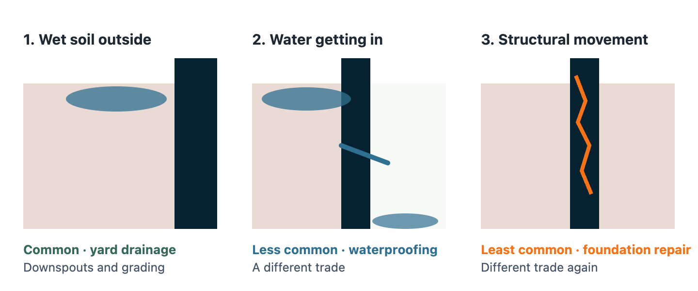 Three panels. First, water pooling in soil outside the foundation wall — common, a yard drainage issue. Second, water passing through the wall into a basement or crawl space — less common, a waterproofing issue. Third, cracking and movement of the structure itself — least common, a foundation repair issue.