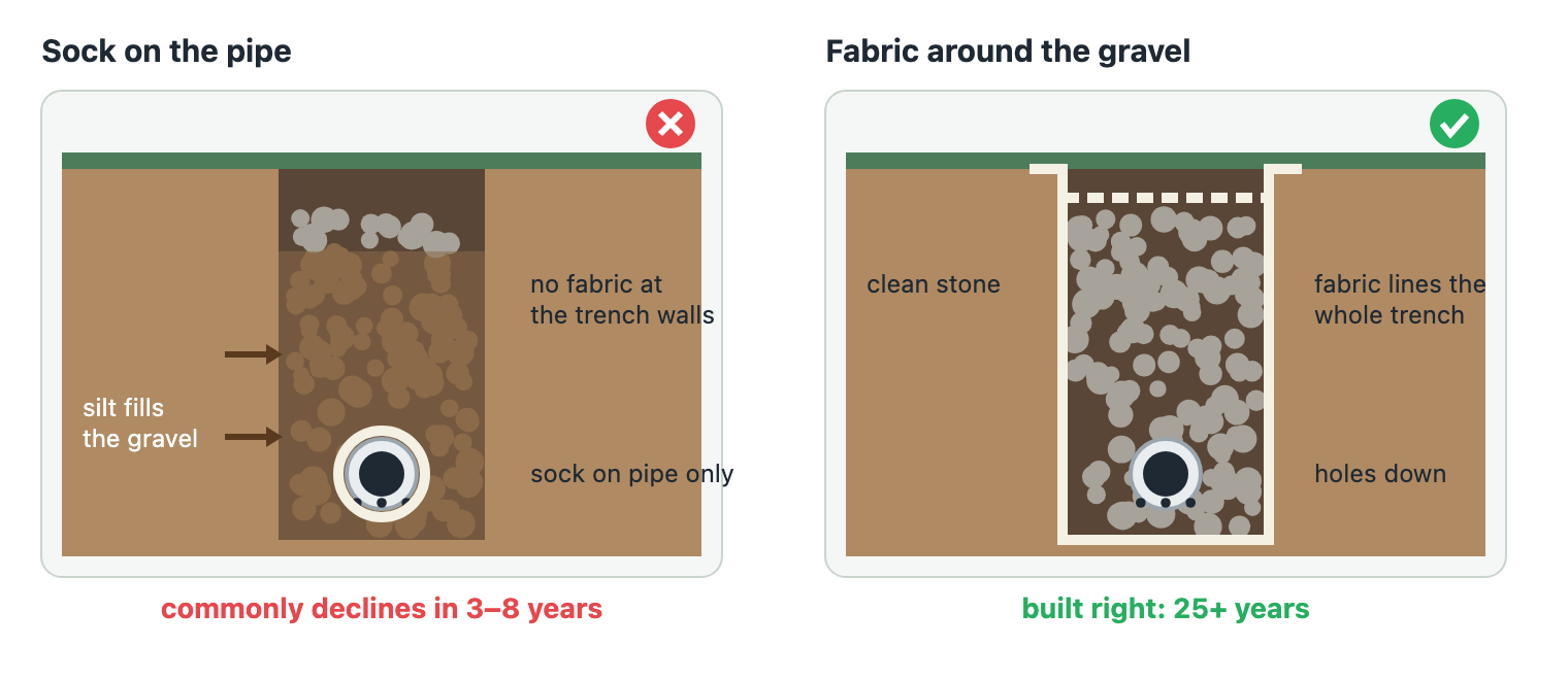 Two French drain trenches in cross-section. Left: no fabric against the soil, only a fabric sock around the pipe; fine soil has filled the gravel and the drain declines in about 3 to 8 years. Right: non-woven fabric lines the trench and folds over the top, the gravel stays clean around a pipe laid with holes facing down, and a drain built this way should last 25 years or more.